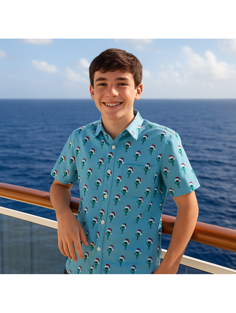 Wurl Boys Collared Shirt Green Aliens W/Santa Hats Cruise Blue Christmas Small